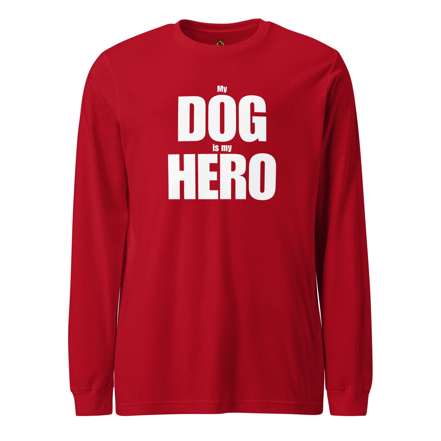 Red unisex long-sleeve shirt with 'My Dog is my Hero' text – Boozie Adams