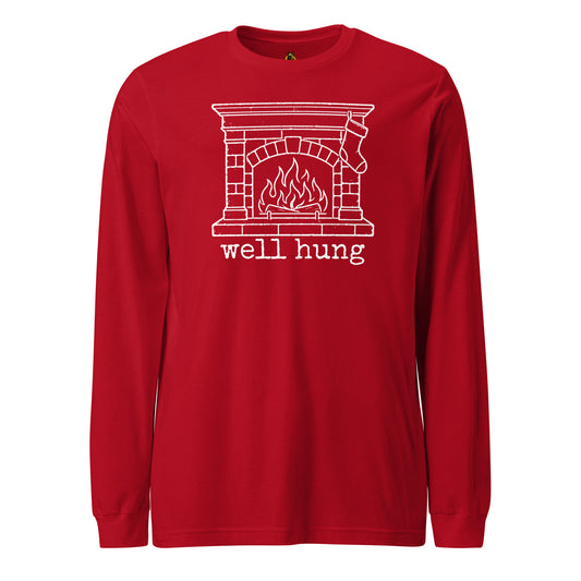 Red unisex long sleeve t-shirt with graphic of stocking hanging from fire place with 'well hung' text – Boozie Adams