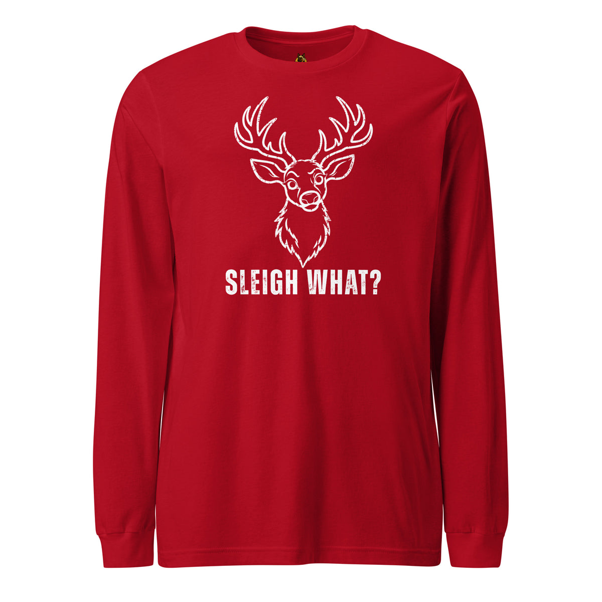 Red graphic long sleeve t-shirt with graphic of reindeer and text 'Sleigh What?' – Boozie Adams