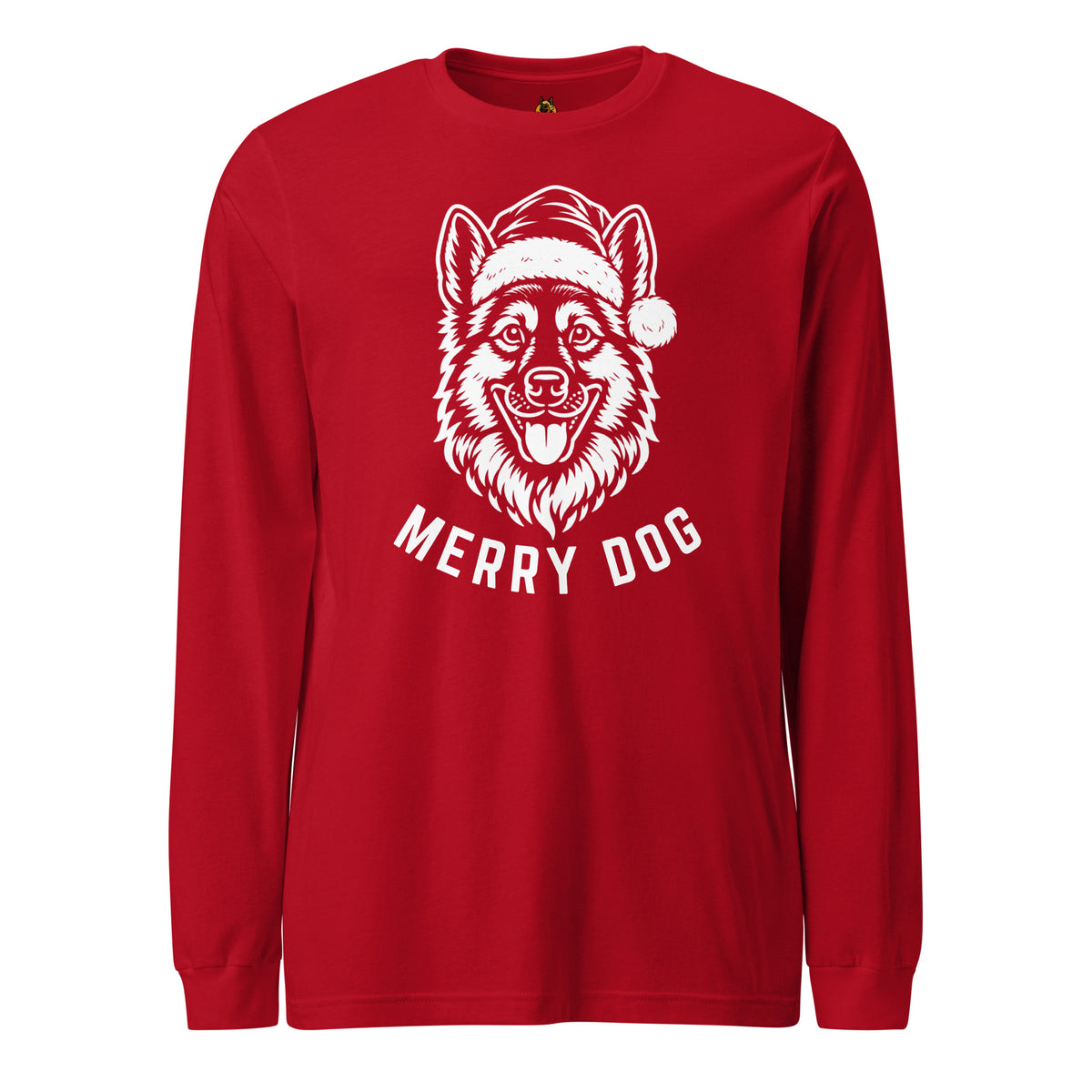 Red unisex long sleeve t-shirt with image of dog wearing santa hat and 'Merry Dog' text – Boozie Adams
