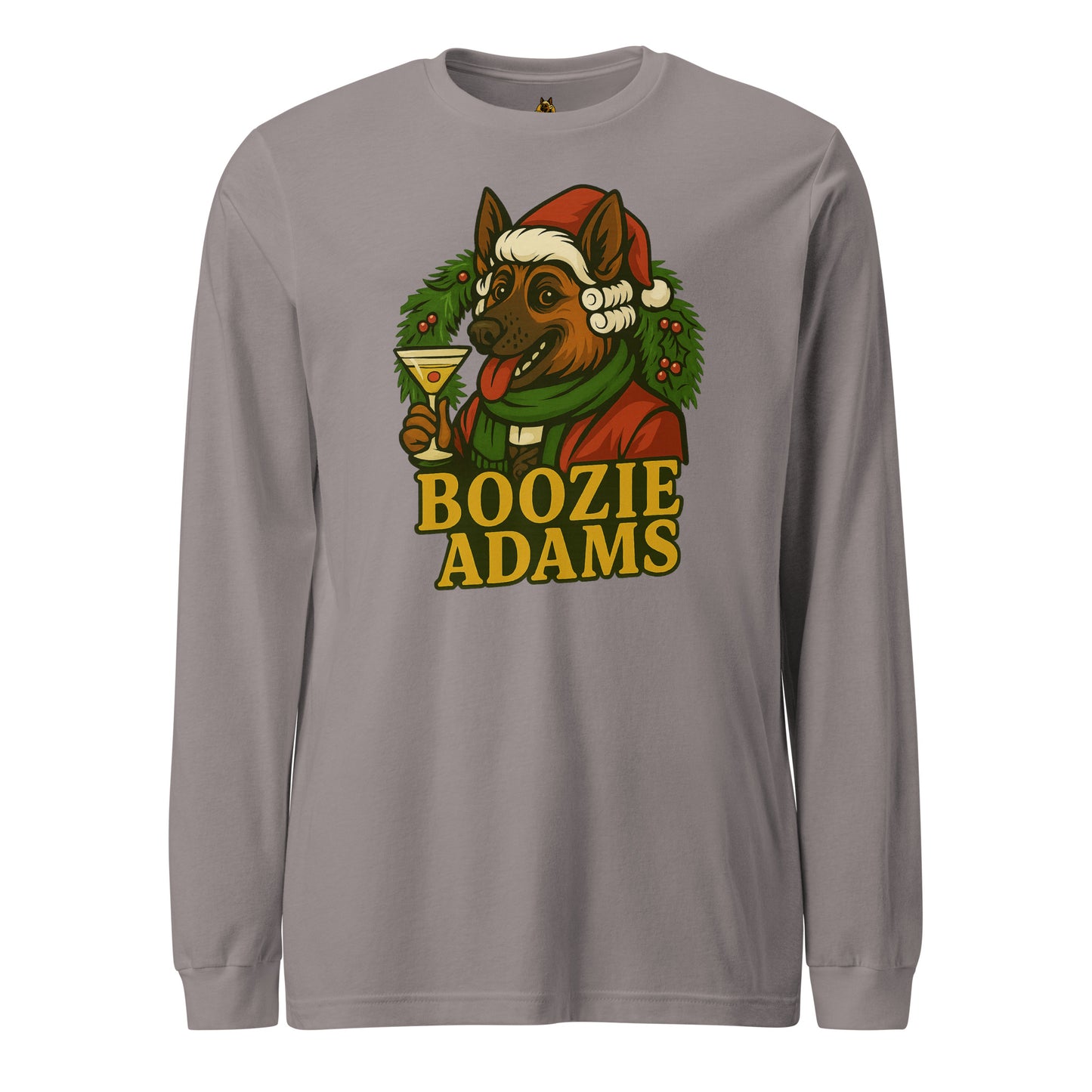 Storm long-sleeve unisex shirt with a graphic Boozie Adams holding a martini in front of a holiday wreath – Boozie Adams