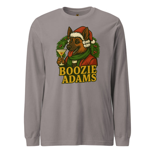 Storm long-sleeve unisex shirt with a graphic Boozie Adams holding a martini in front of a holiday wreath – Boozie Adams