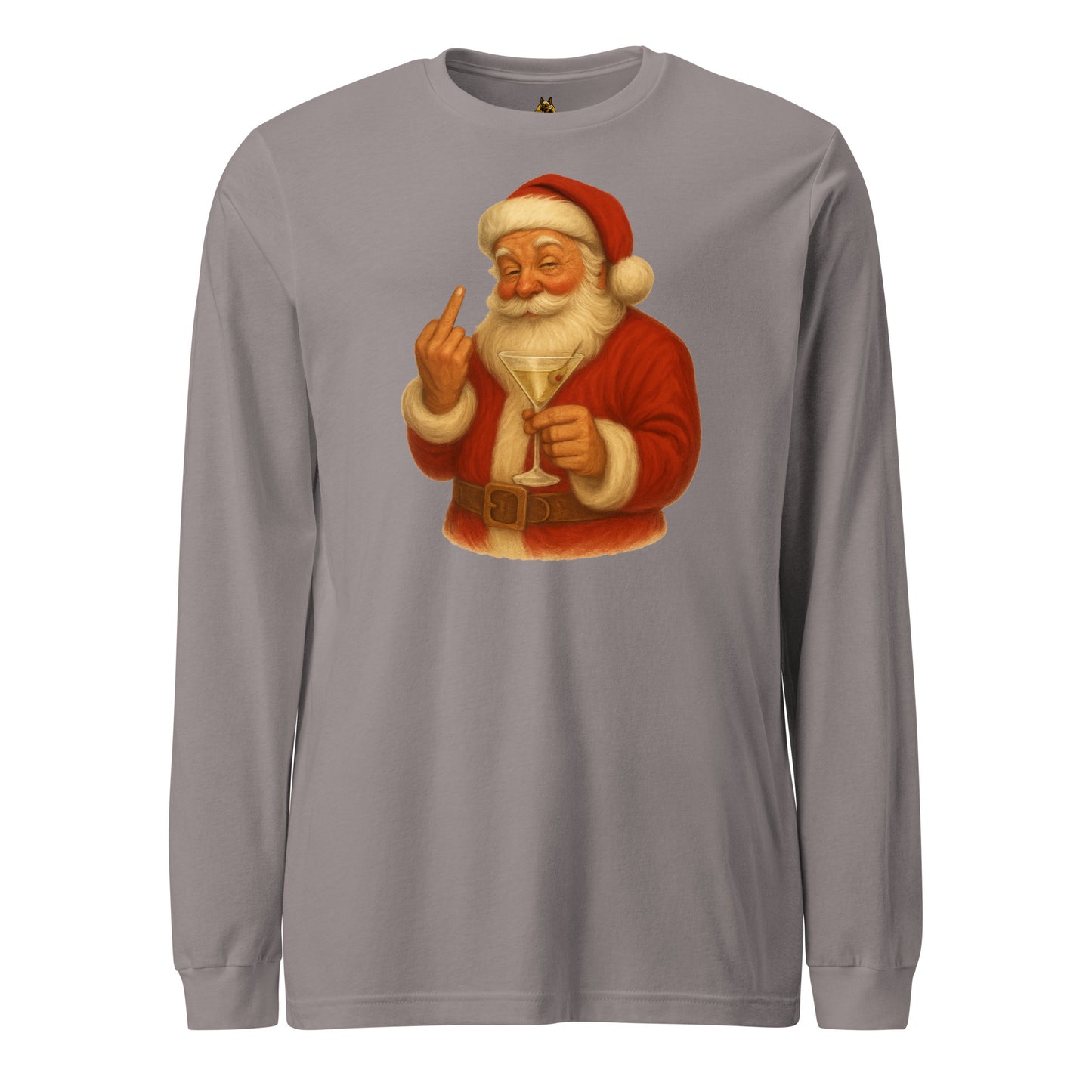 Grey long-sleeve unisex shirt with a graphic of a Santa Claus holding a martini glass and flipping the bird – Boozie Adams