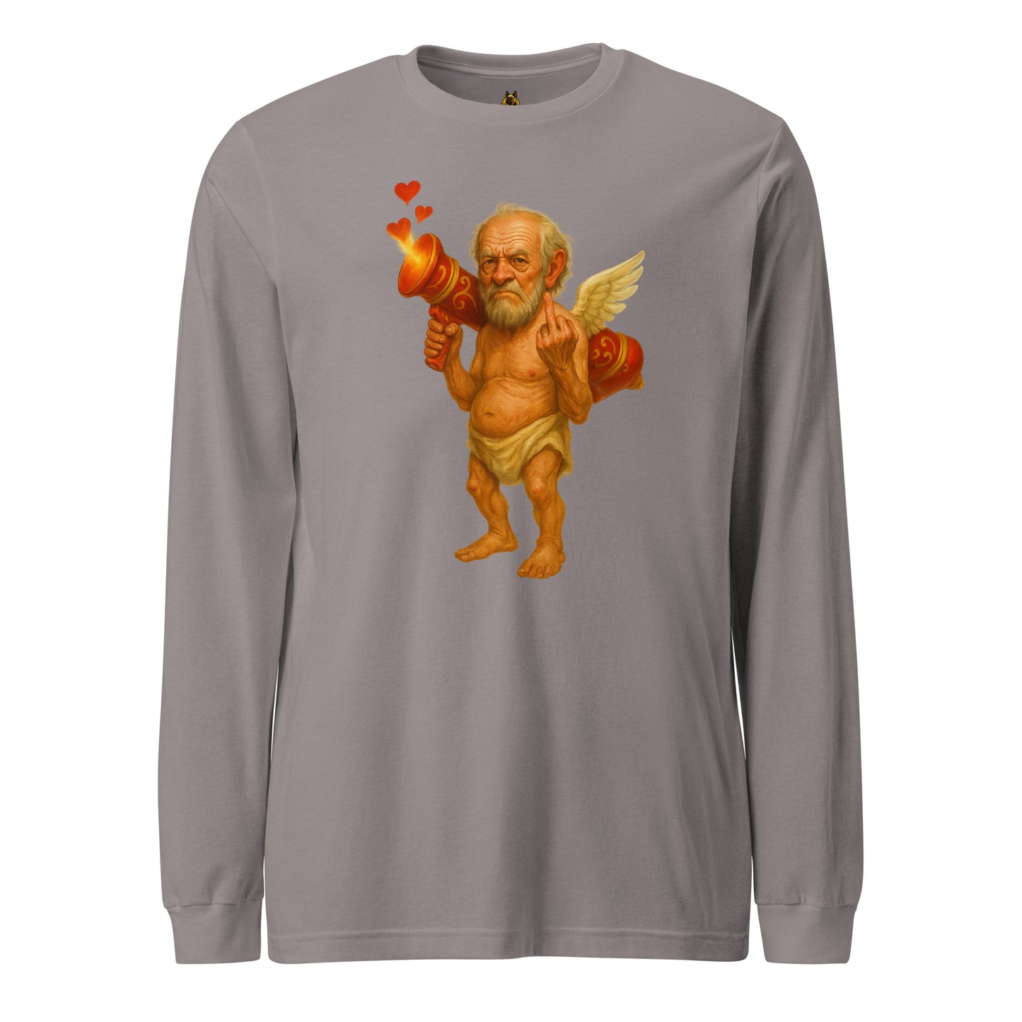 Grey long-sleeve unisex shirt with a graphic of cupid flipping the bird – Boozie Adams