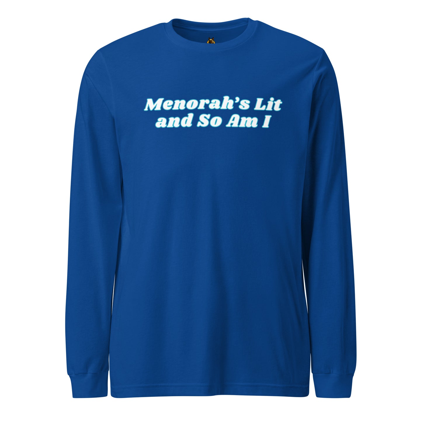 Blue long-sleeve shirt with 'Menorah's Lit and So Am I' text – Boozie Adams