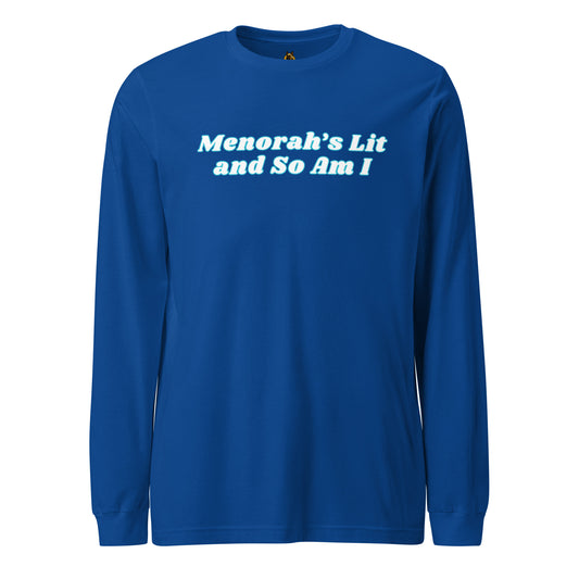 Blue long-sleeve shirt with 'Menorah's Lit and So Am I' text – Boozie Adams