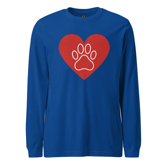 Blue long-sleeve shirt with a red heart and white paw print design – Boozie Adams