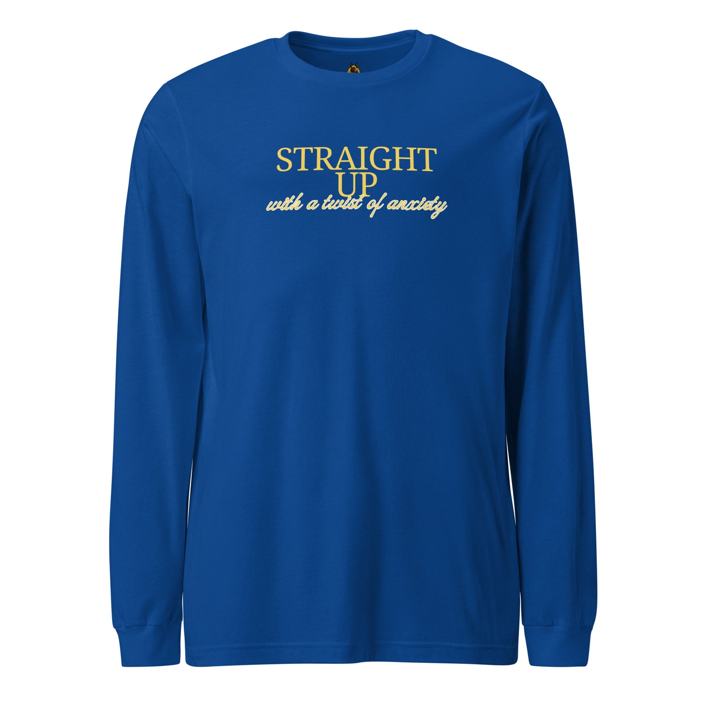 Royal blue unisex long-sleeve shirt with 'straight up with a twist of anxiety' yellow text – Boozie Adams