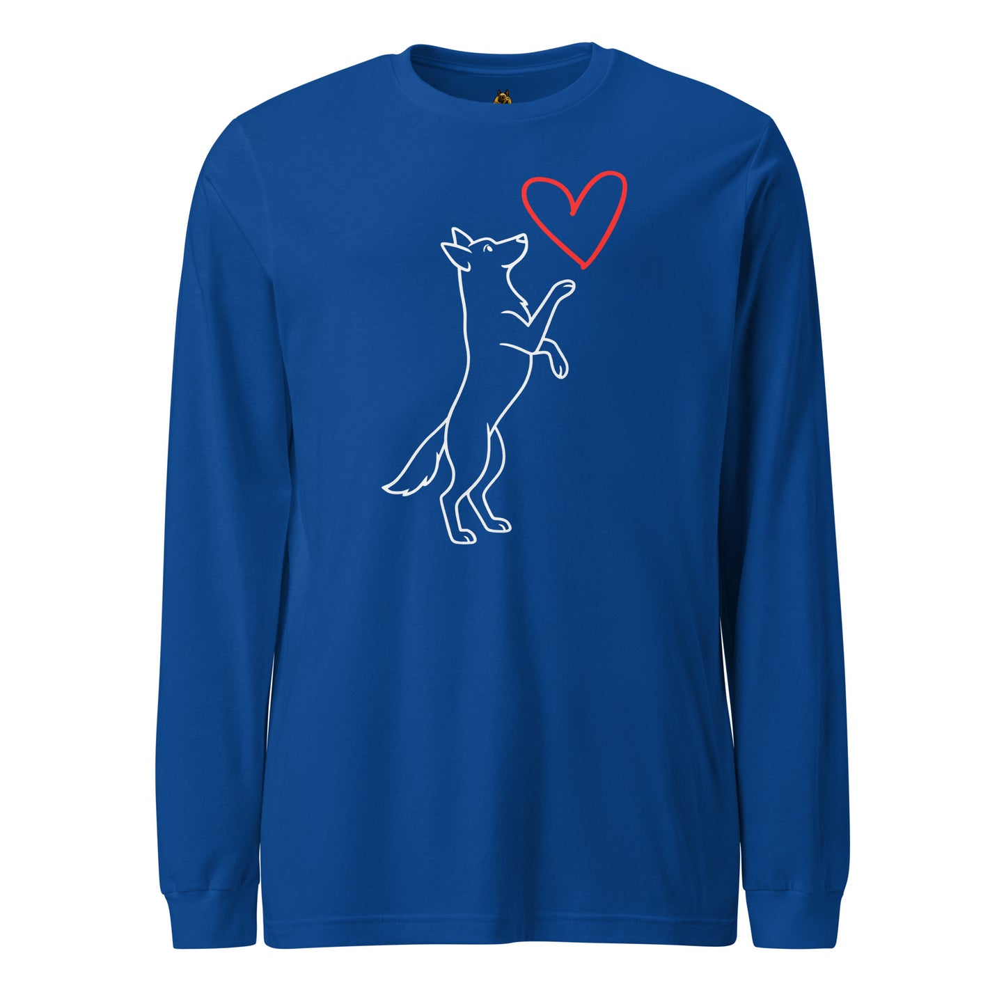 Royal blue unisex long-sleeve shirt with a white dog graphic and red heart – Boozie Adams