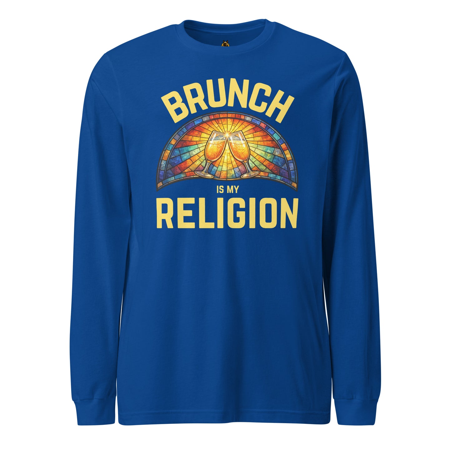 Blue long-sleeve unisex shirt with 'Brunch is my Religion' text and colorful design – Boozie Adams