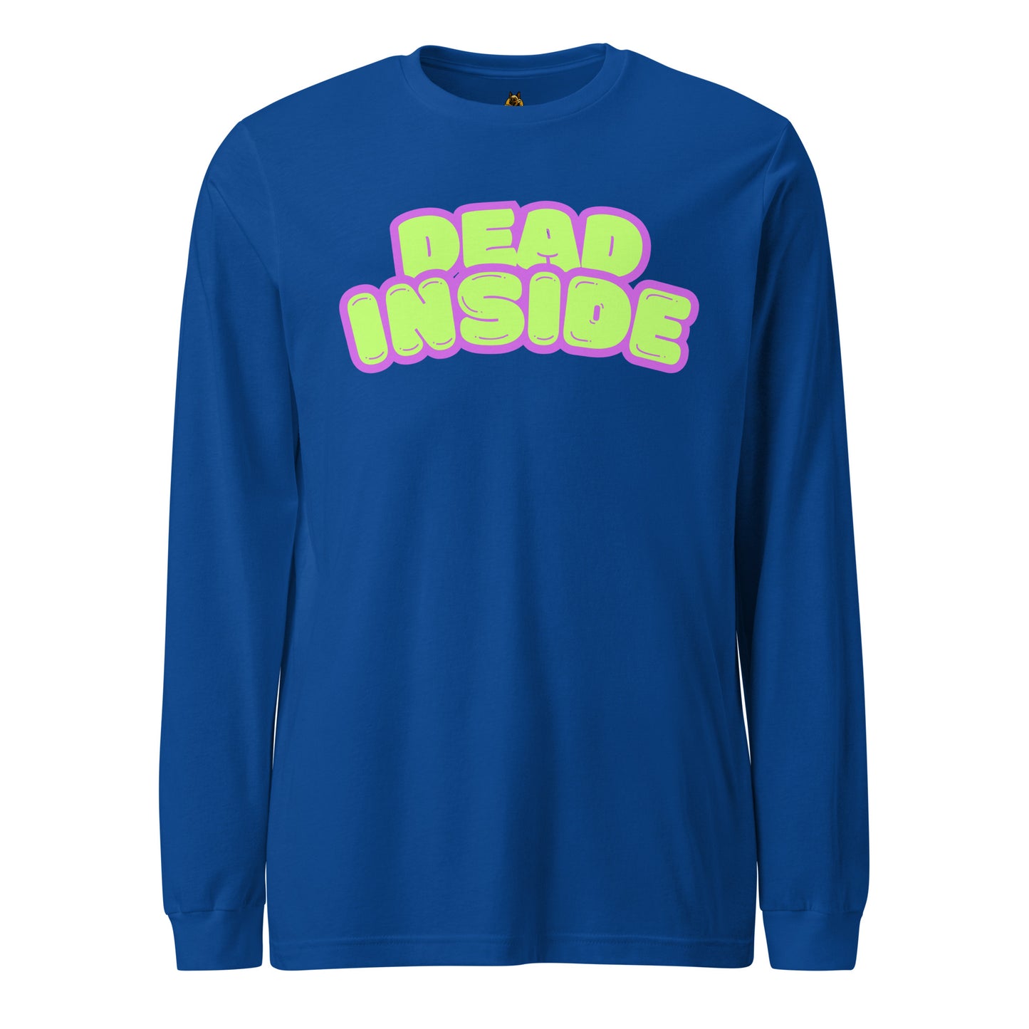 Blue unisex long sleeve t-shirt with purple and green text 'Dead Inside' – Boozie Adams