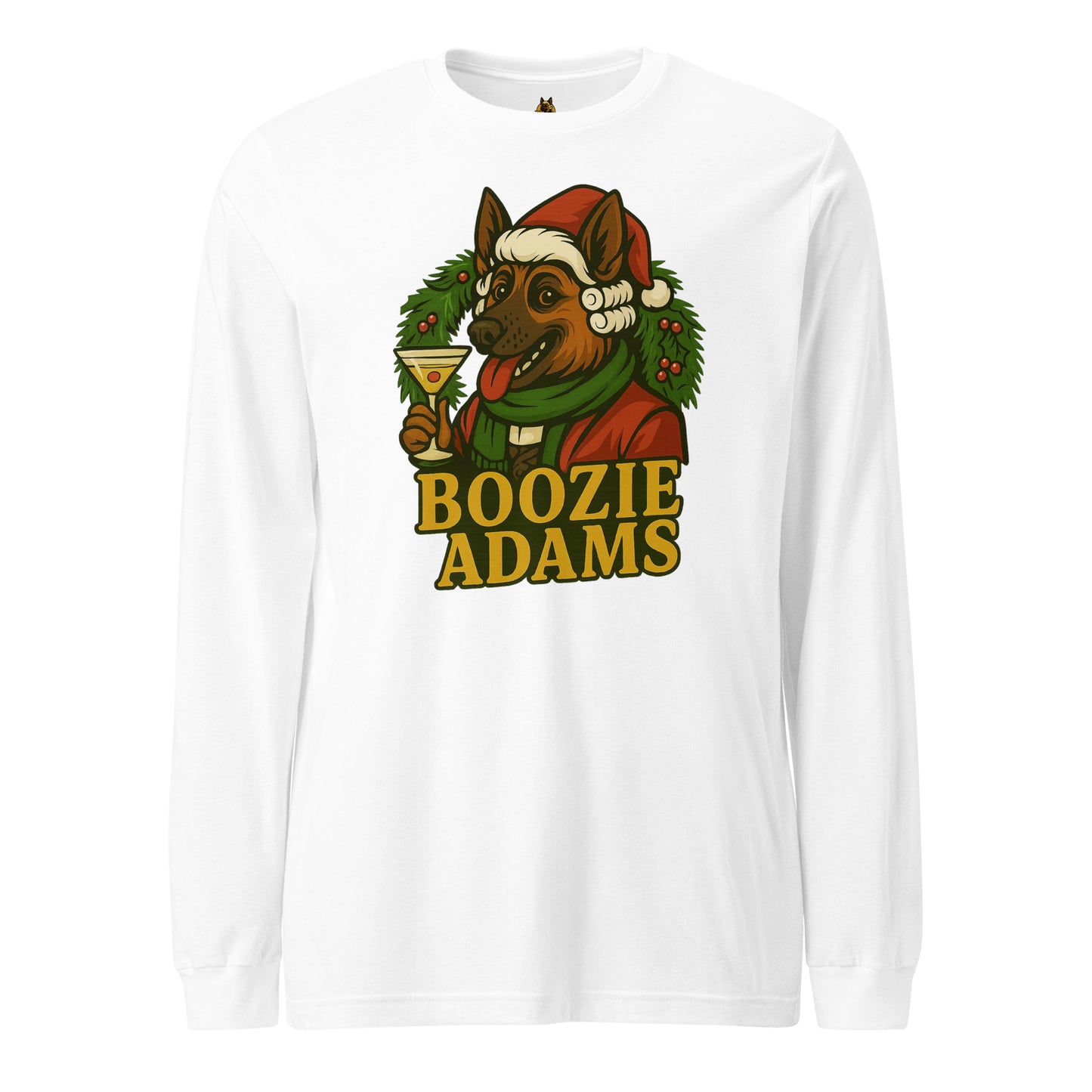 White long-sleeve unisex shirt with a graphic Boozie Adams holding a martini in front of a holiday wreath – Boozie Adams