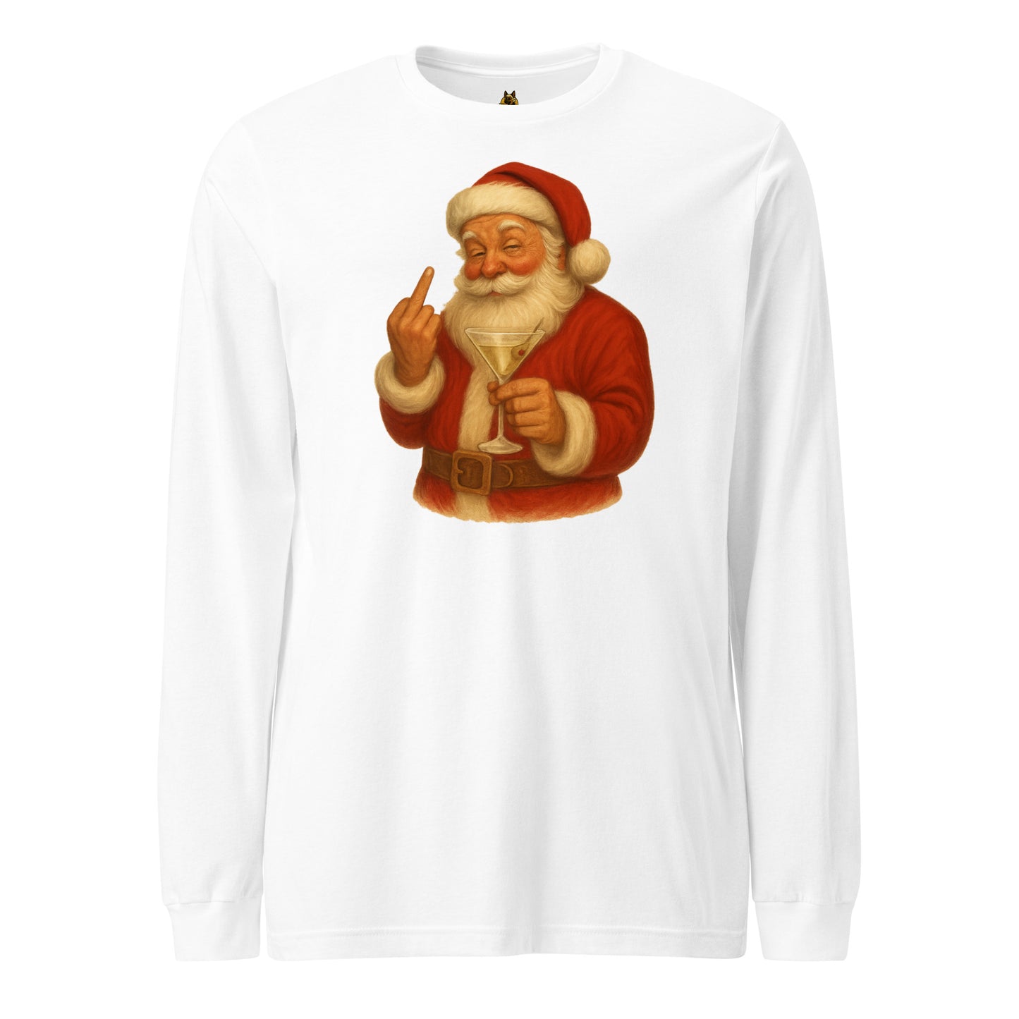 White long-sleeve unisex shirt with a graphic of a Santa Claus holding a martini glass and flipping the bird – Boozie Adams