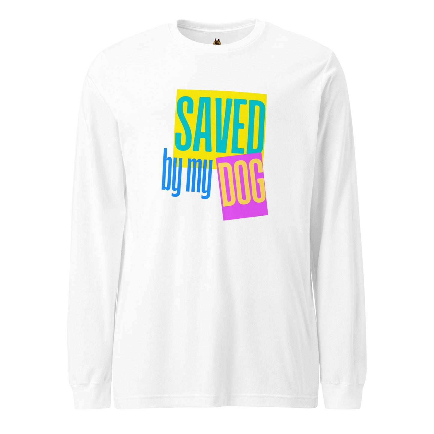 White long-sleeve shirt with colorful text 'SAVED by my DOG' – Boozie Adams