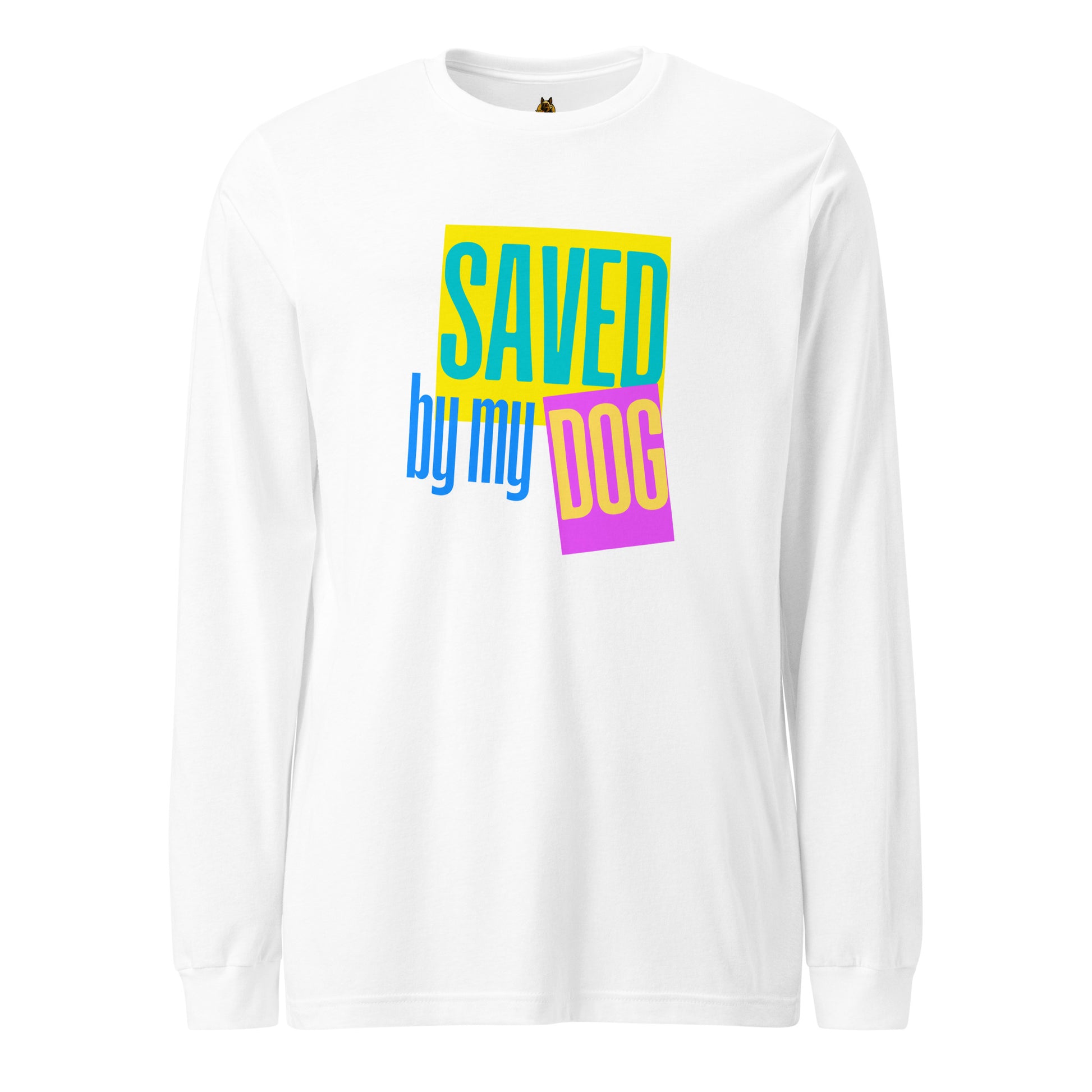 White long-sleeve shirt with colorful text 'SAVED by my DOG' – Boozie Adams