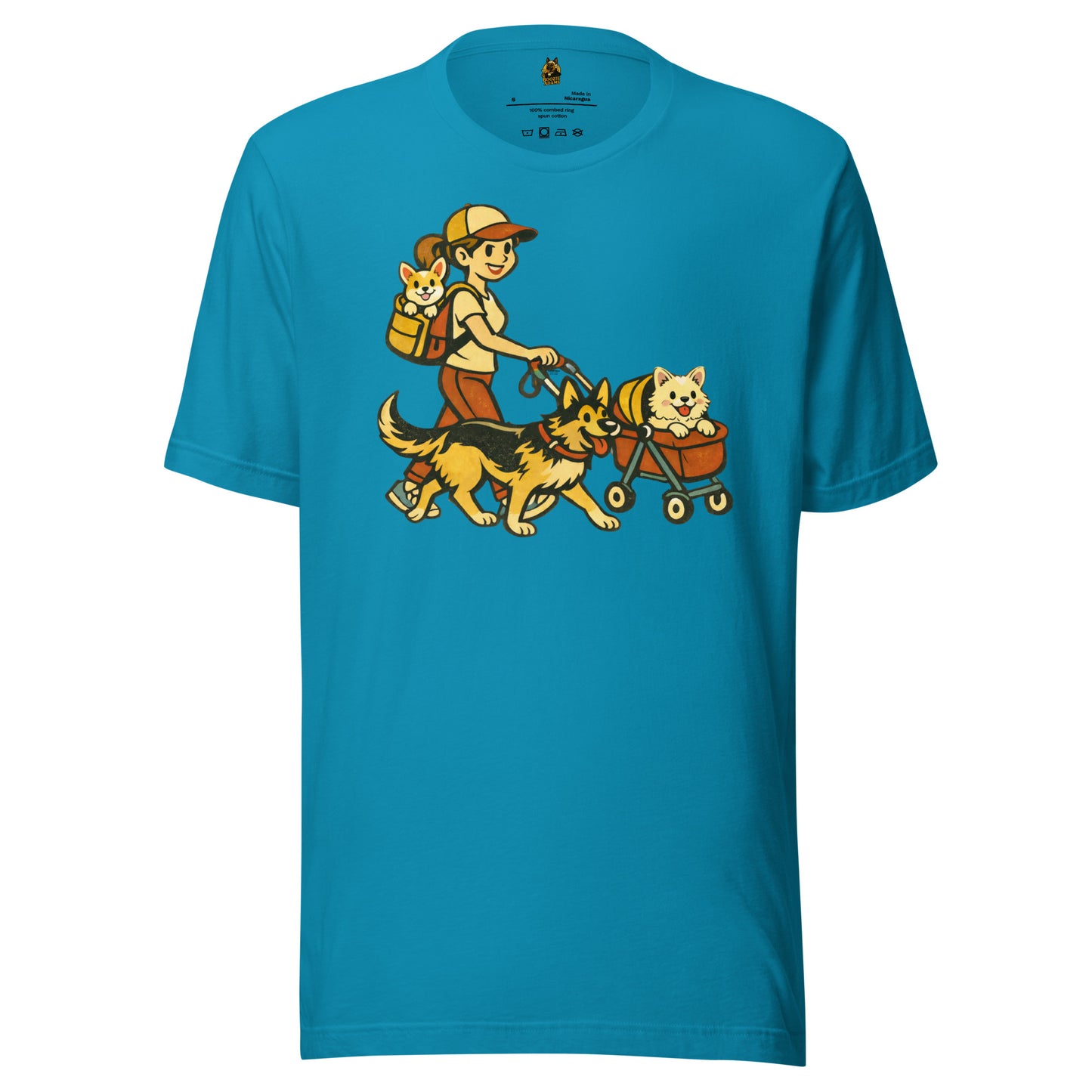 Aqua unisex t-shirt with a graphic of a woman walking two dogs, one in a cart – Boozie Adams