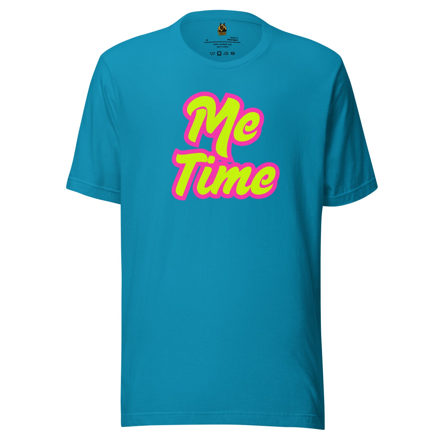 Aqua unisex t-shirt with 'Me Time' text in pink and yellow – Boozie Adams
