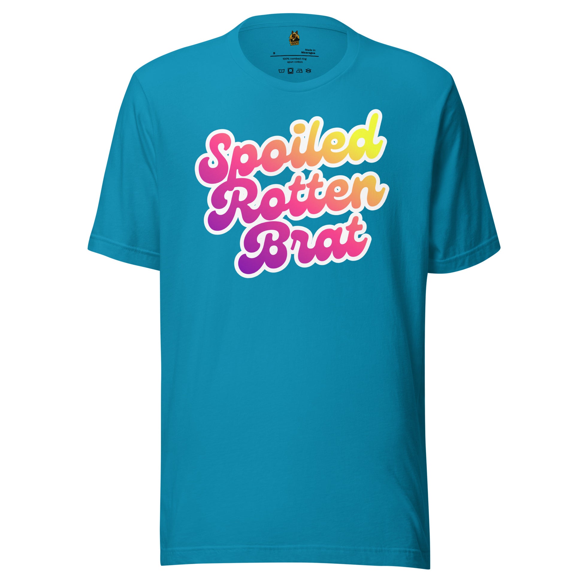 Aqua unisex t-shirt with colorful 'Spoiled Rotten Brat' text – Boozie Adams