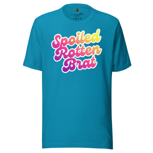 Aqua unisex t-shirt with colorful 'Spoiled Rotten Brat' text – Boozie Adams
