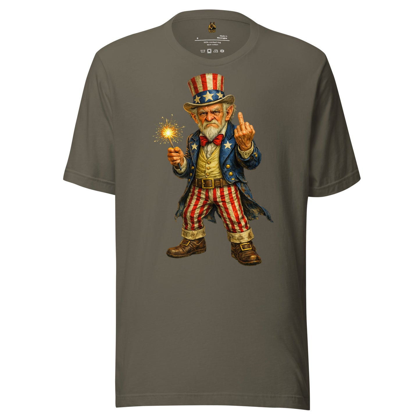 Army unisex t-shirt with Uncle Sam graphic holding a sparkler  and flipping the bird – Boozie Adams