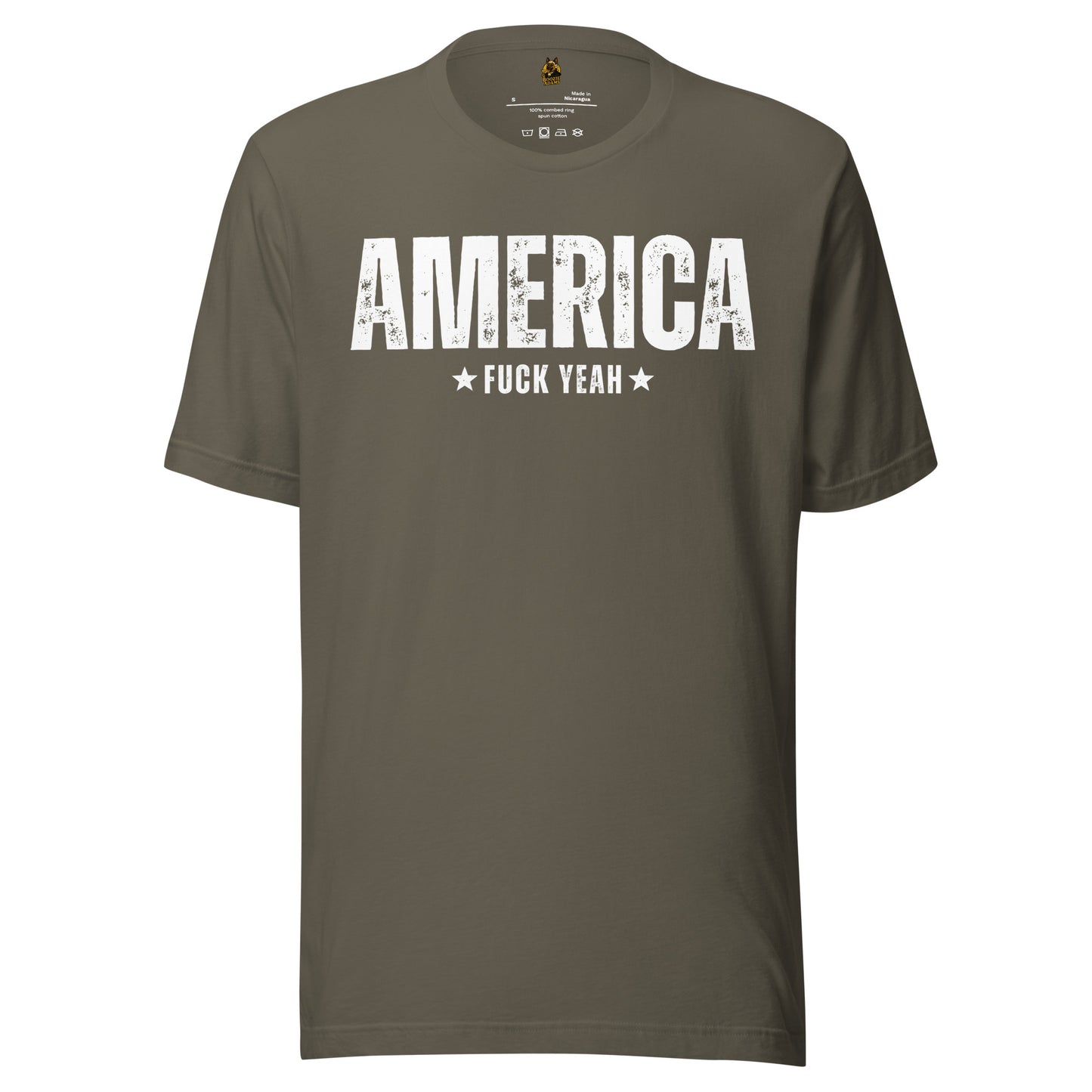 Army green unisex t-shirt with 'AMERICA FUCK YEAH' text – Boozie Adams