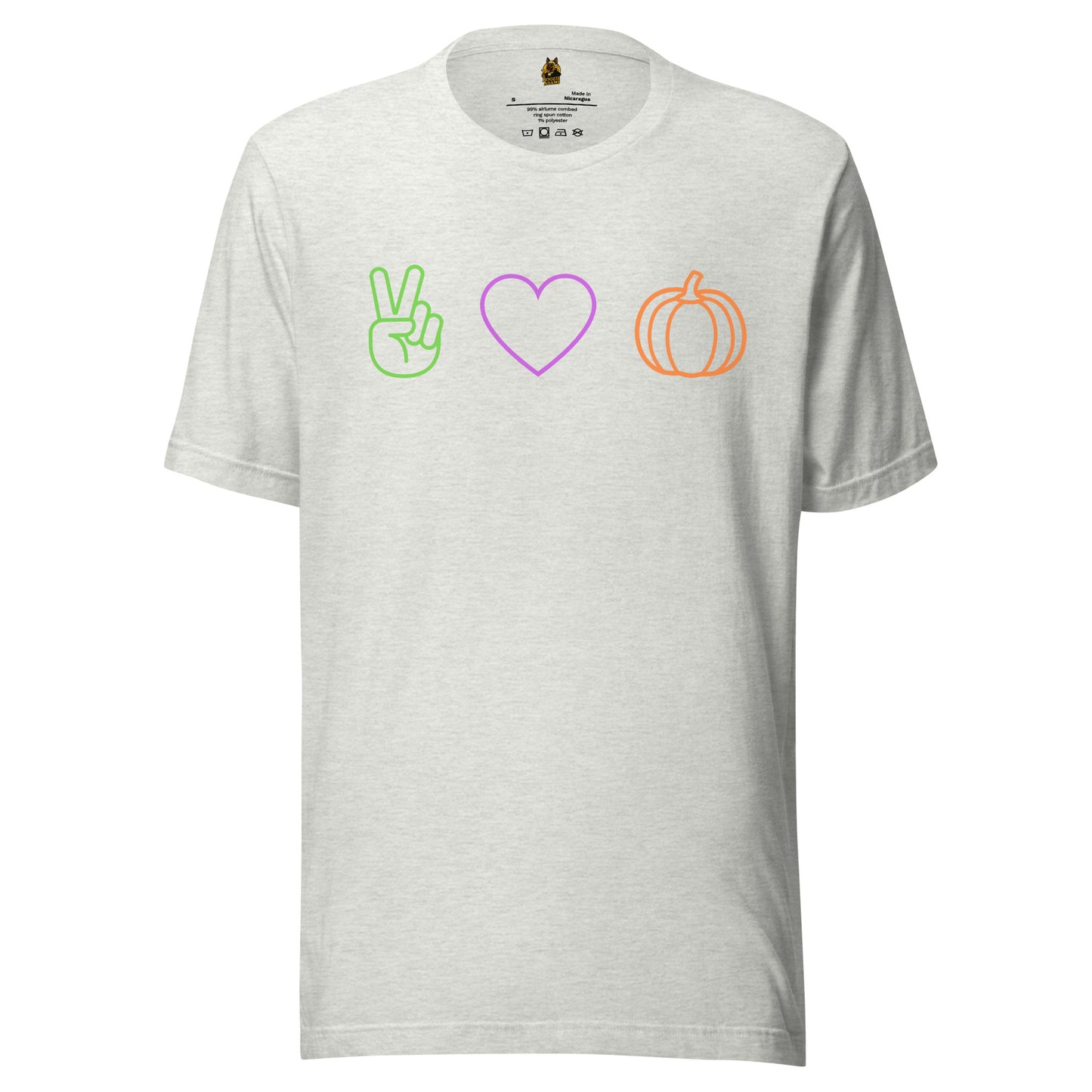Ash unisex t-shirt with peace sign, heart, and pumpkin designs – Boozie Adams