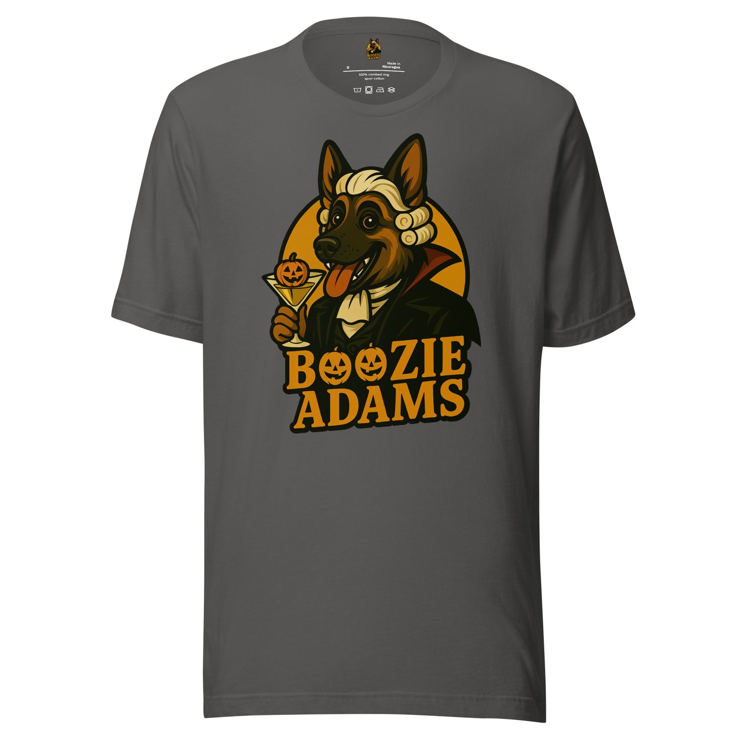 Grey unisex t-shirt with a graphic of Boozie Adams – a dog holding a martini with a pumpkin and the text 'Boozie Adams' – Boozie Adams
