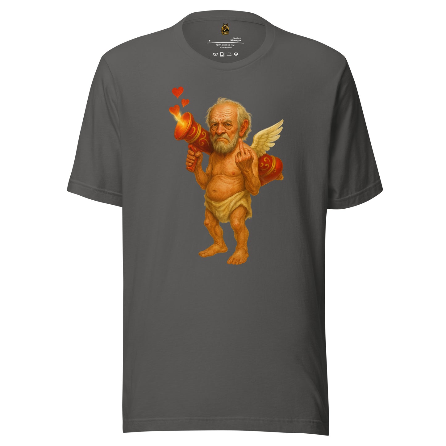 Grey unisex t-shirt with a graphic of cupid flipping the bird – Boozie Adams