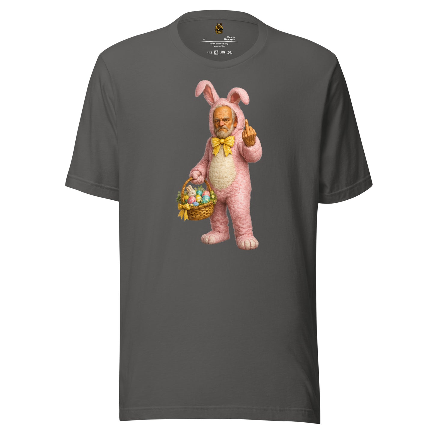 Asphalt unisex t-shirt with a graphic of a person in a pink bunny costume holding an Easter basket while flipping the bird – Boozie Adams
