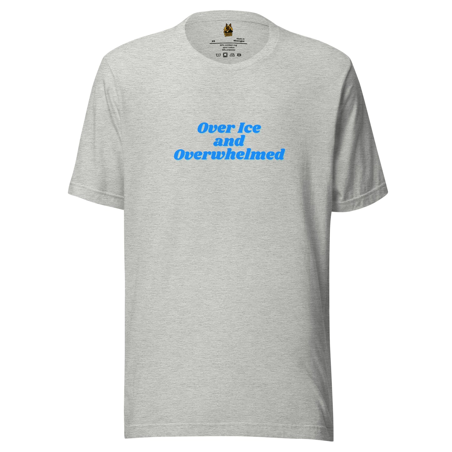 Gray unisex t-shirt with blue text 'Over Ice and Overwhelmed' – Boozie Adams