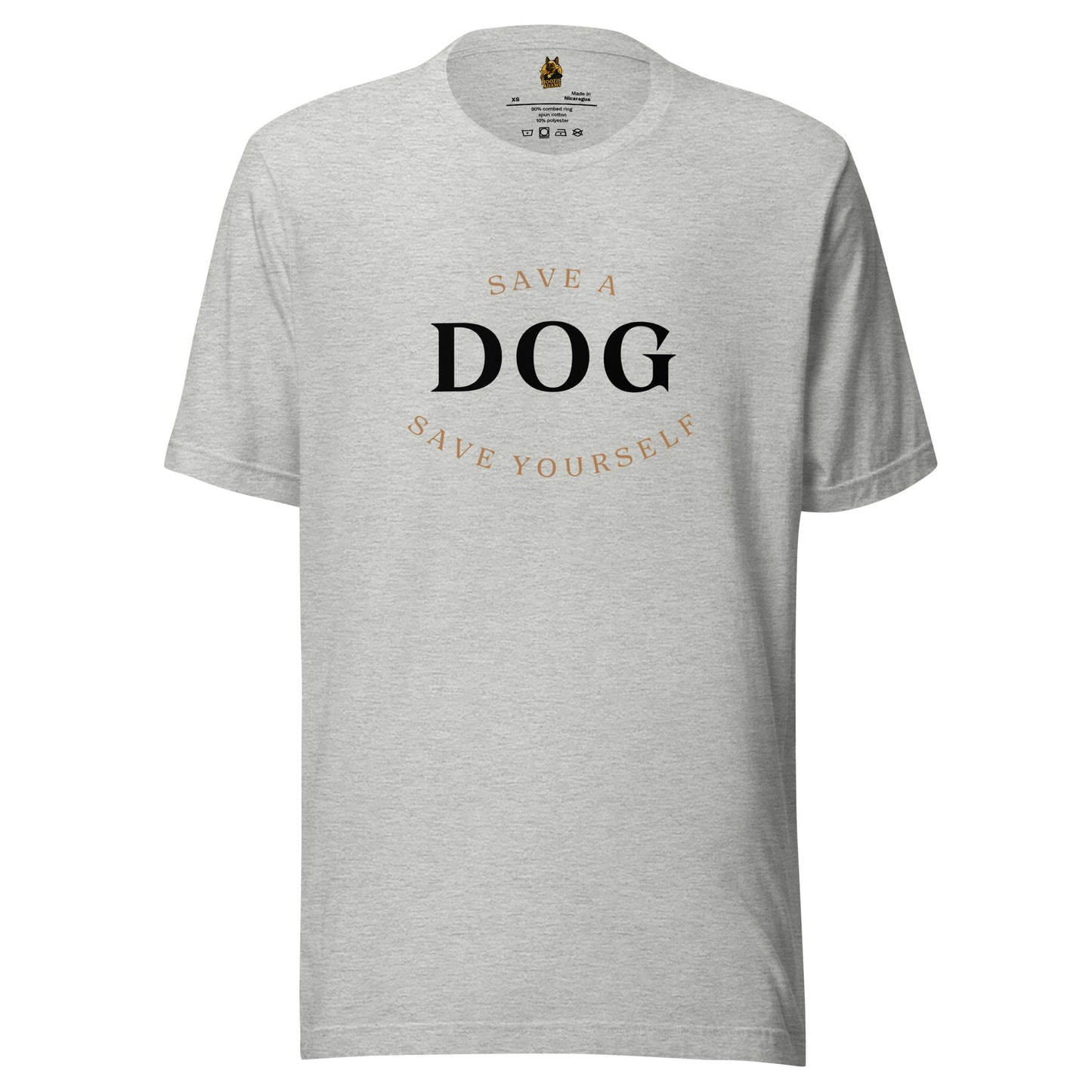 Gray unisex t-shirt with 'Save a Dog, Save Yourself' text – Boozie Adams