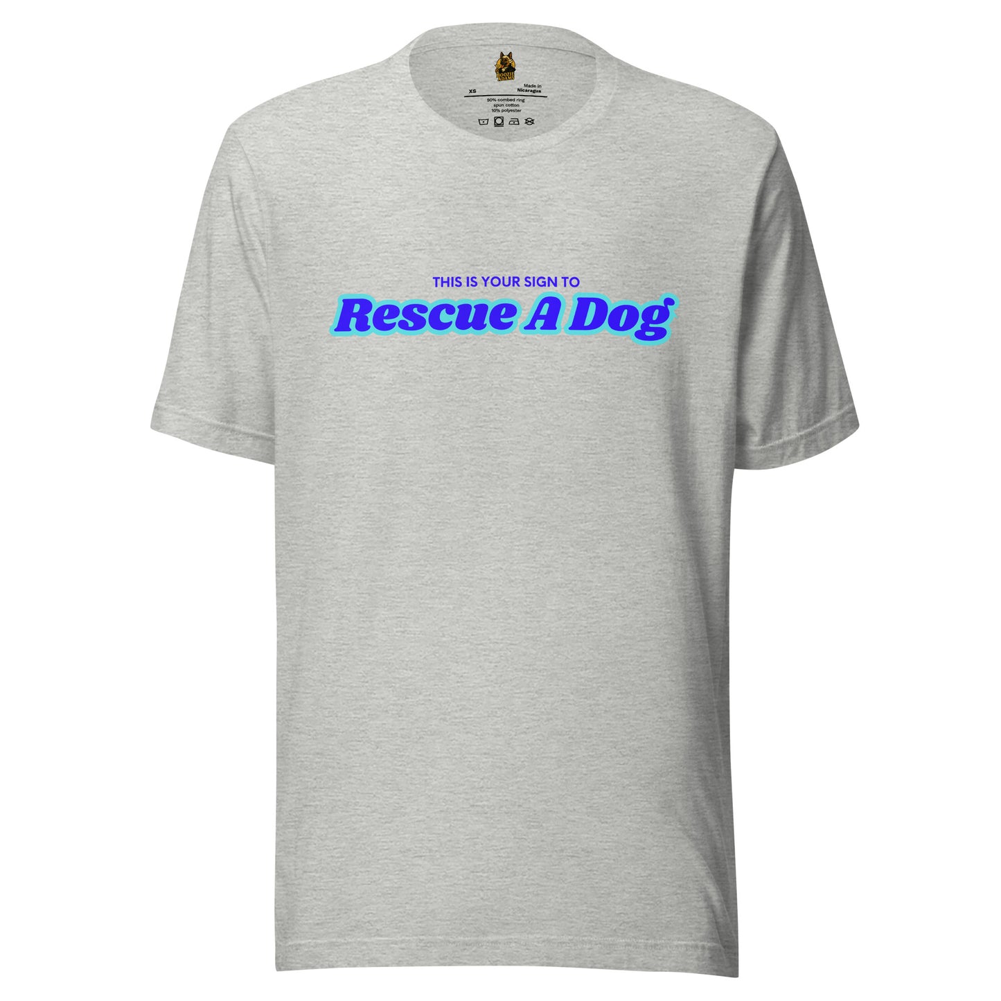 Gray unisex t-shirt with blue text 'This is your sign to rescue a dog'– Boozie Adams
