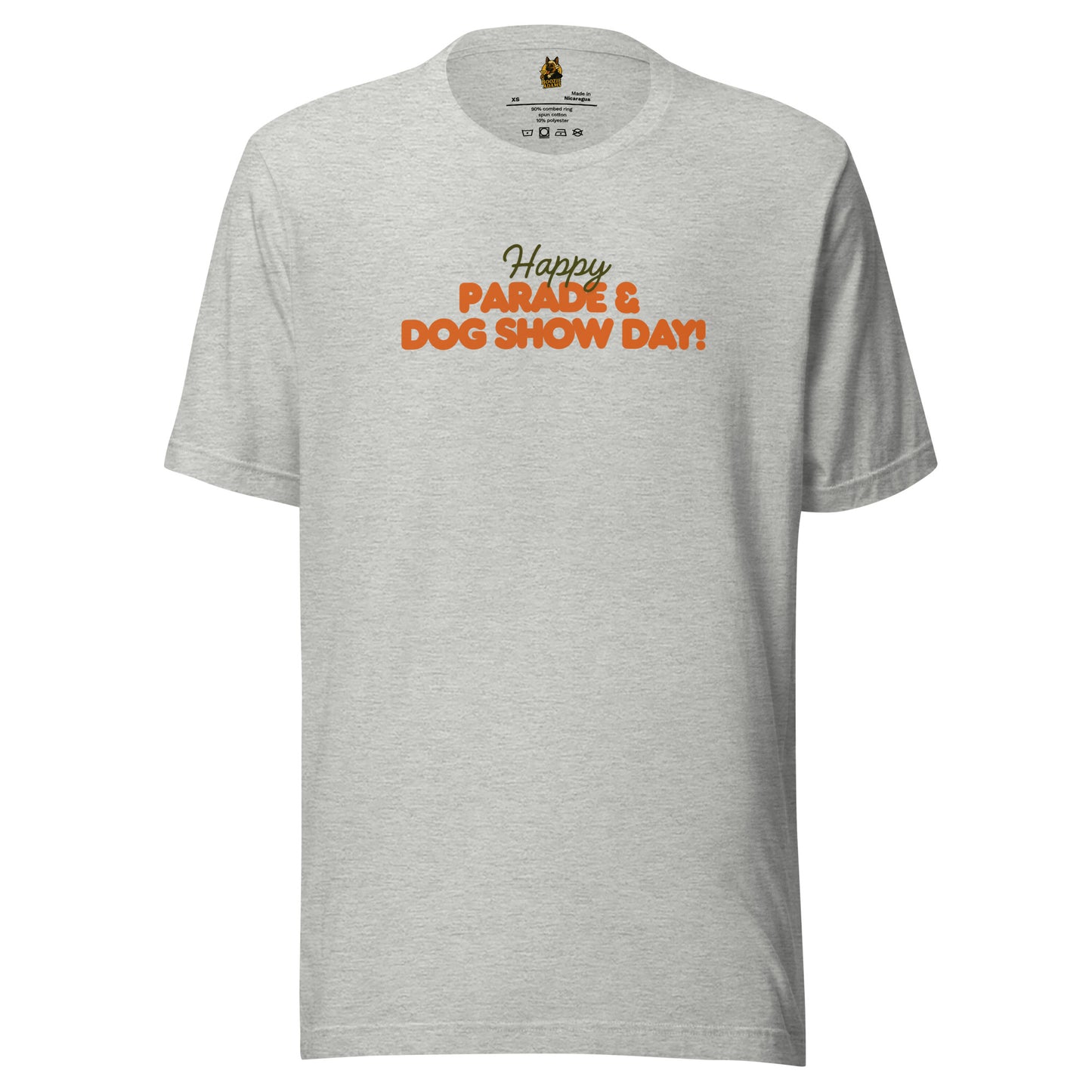 Heather grey unisex t-shirt with 'Happy Parade & Dog Show Day!' green & orange text – Boozie Adams