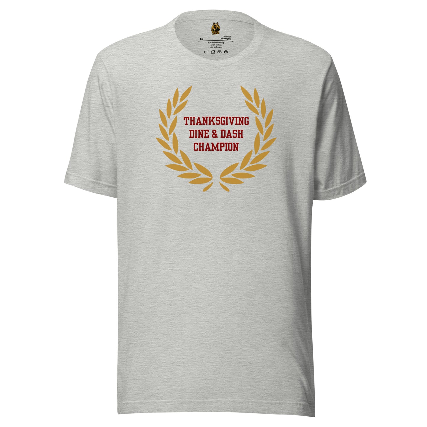 Heather grey unisex t-shirt with gold laurel wreath and red 'Thanksgiving Dine & Dash Champion' text – Boozie Adams