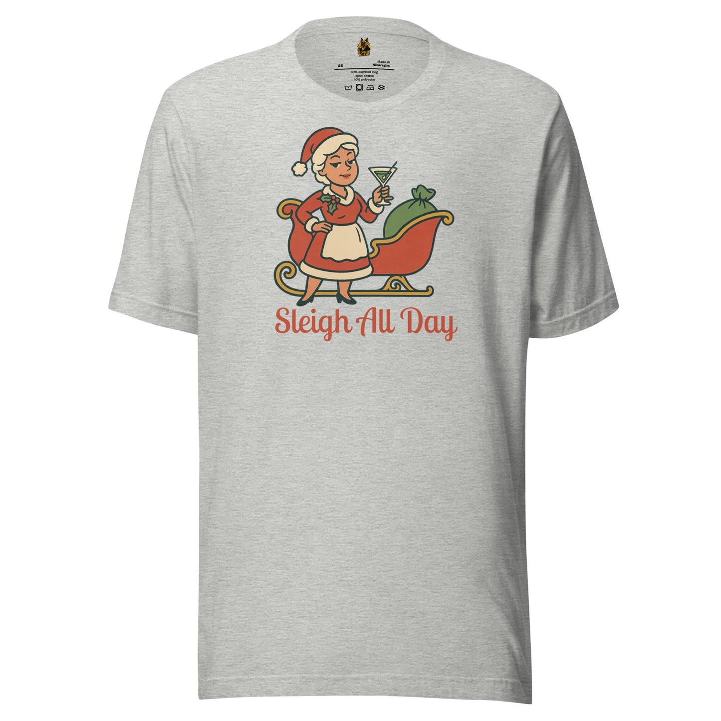Heather grey unisex t-shirt with a graphic of a Mrs Claus in front of a sleigh, holding a martini glass, with text 'Sleigh All Day' in red – Boozie Adams