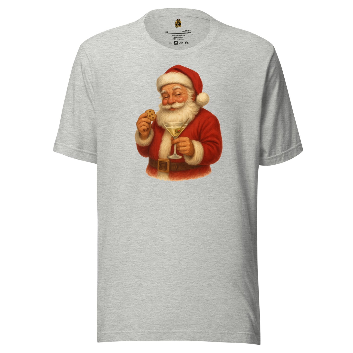 Grey unisex t-shirt with a graphic of Santa Claus holding a martini glass and eating a cookie – Boozie Adams