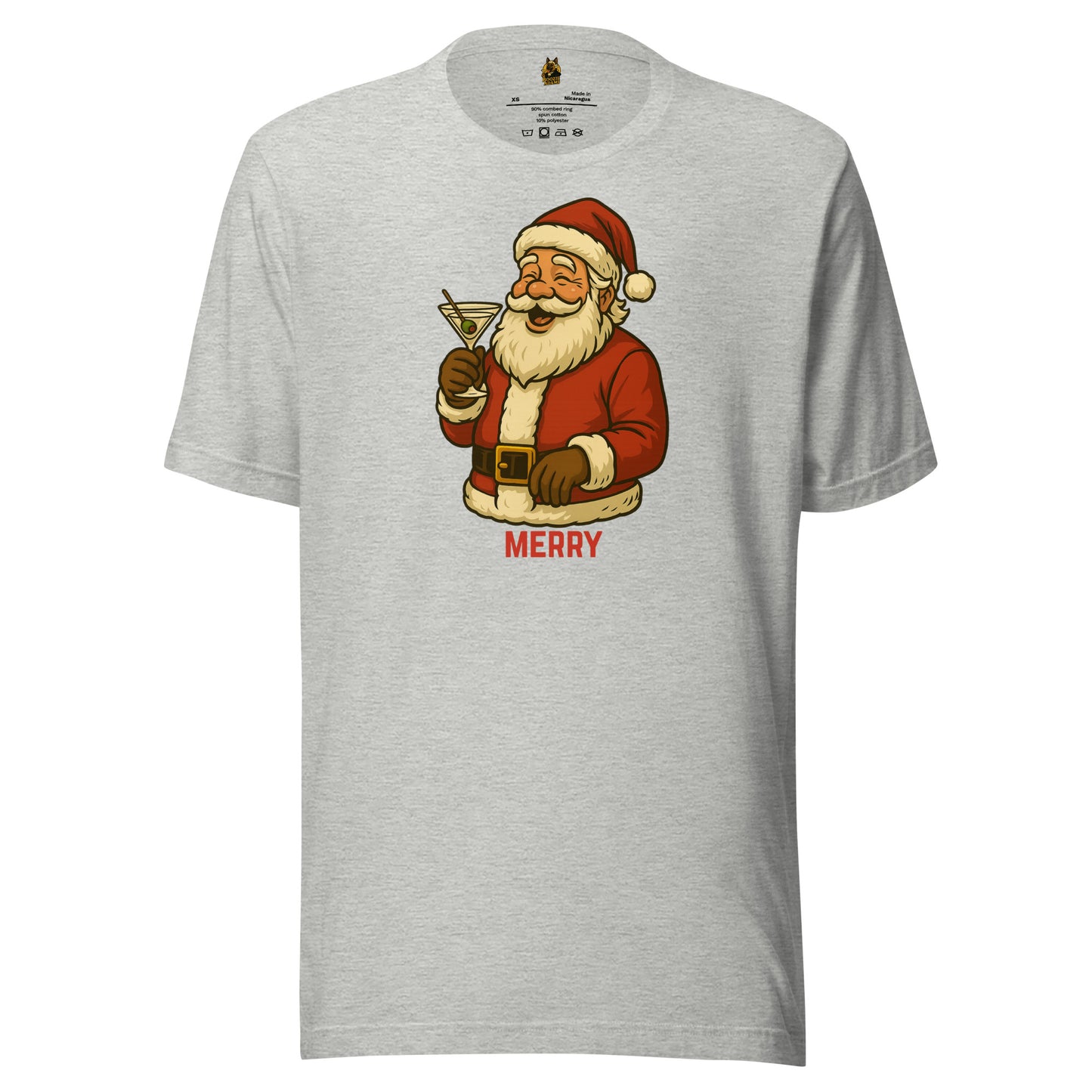Grey unisex t-shirt with a graphic of Santa Claus holding a martini glass and the word 'MERRY' – Boozie Adams