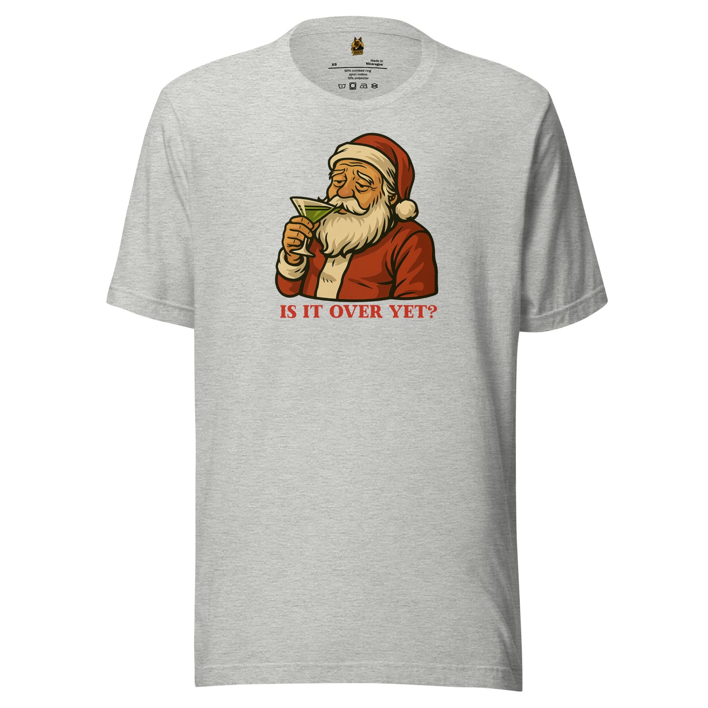 Grey unisex t-shirt with Santa Claus drinking a martini graphic and text 'IS IT OVER YET?' – Boozie Adams