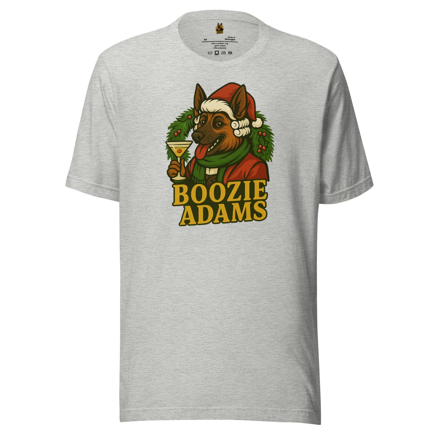 Grey unisex t-shirt with a graphic of a dog in a Santa hat with a martini and a wreath and 'Boozie Adams' text – Boozie Adams