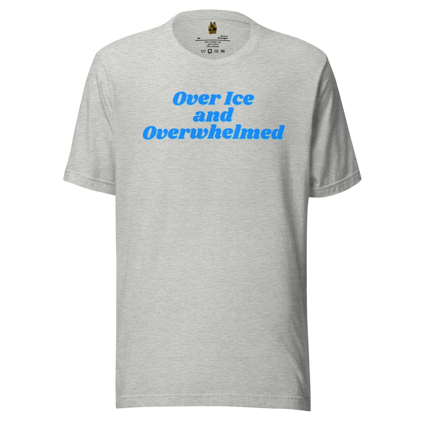 Heather grey unisex t-shirt with blue text 'Over Ice and Overwhelmed' – Boozie Adams