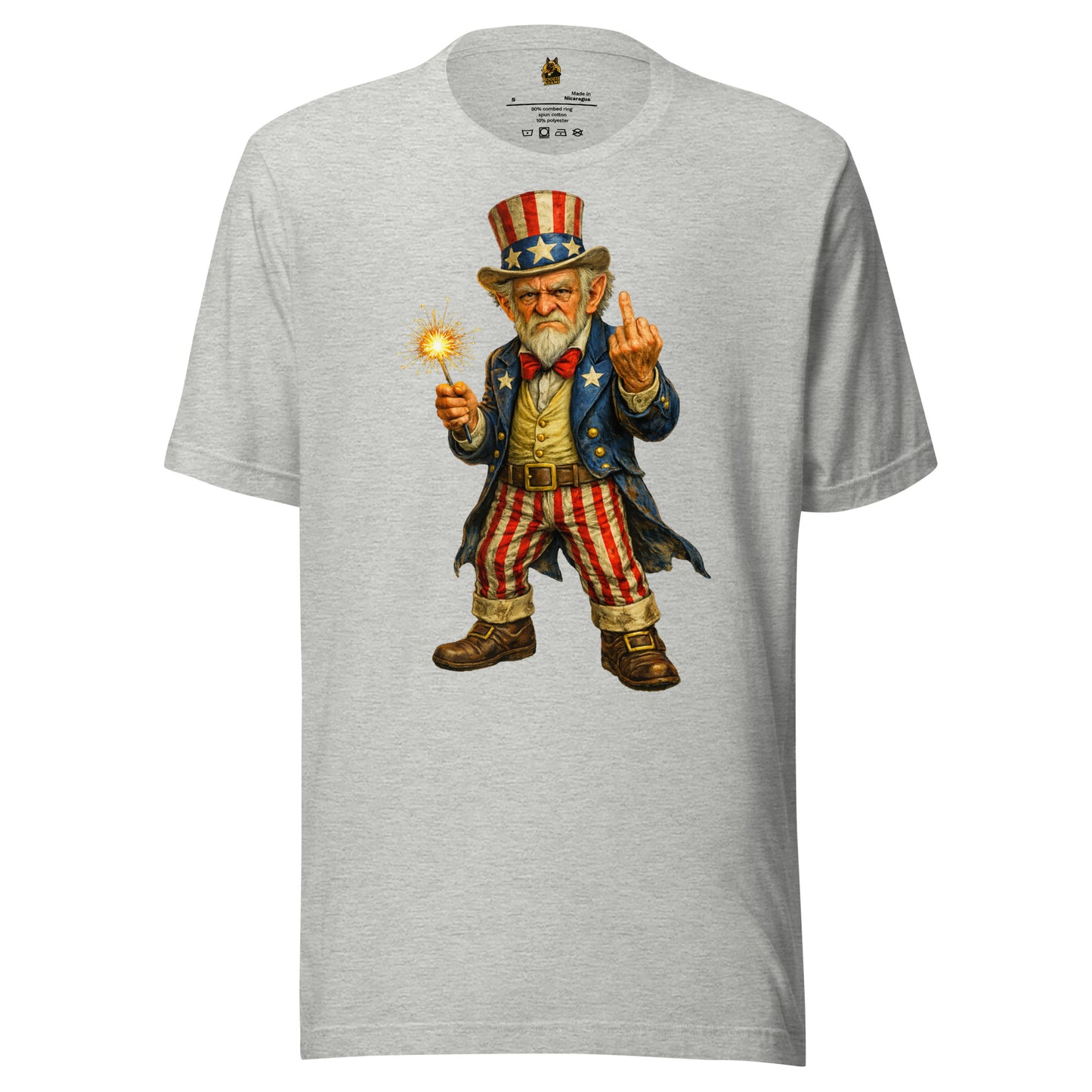 Heather grey unisex t-shirt with Uncle Sam graphic holding a sparkler  and flipping the bird – Boozie Adams