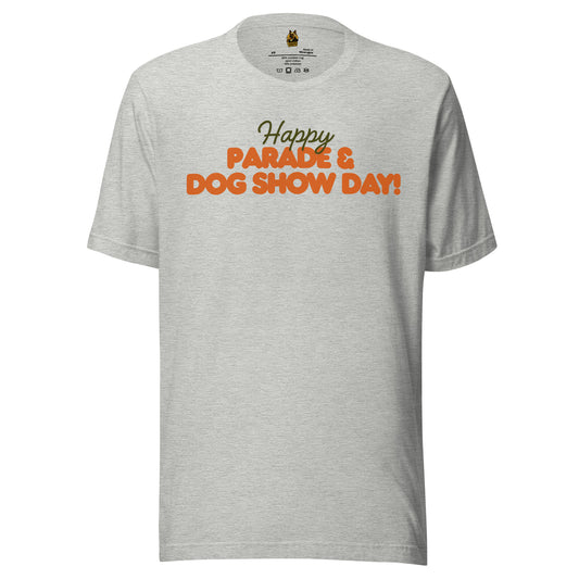 Vintage white unisex t-shirt with 'Happy Parade & Dog Show Day!' green & orange text – Boozie Adams