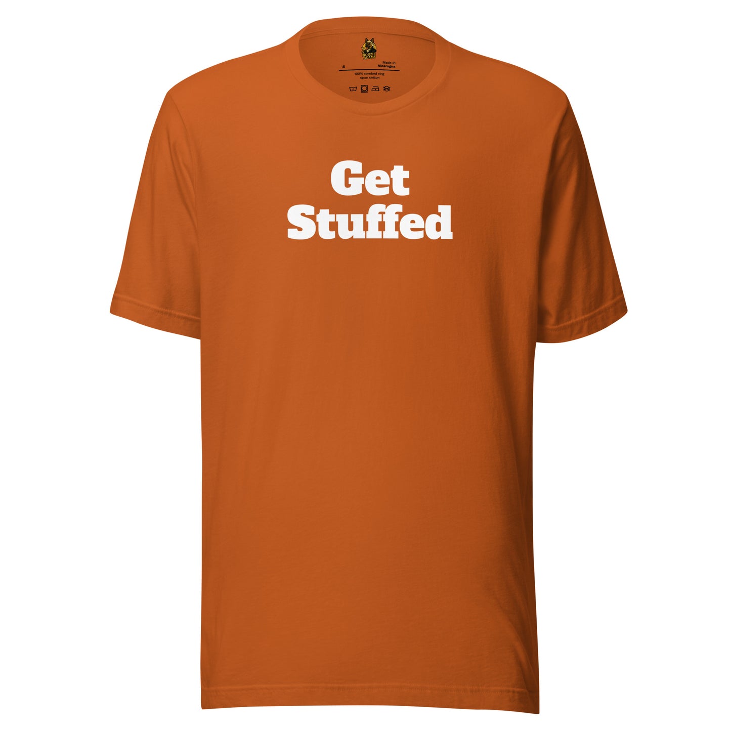 Orange unisex tee with white 'Get Stuffed' text – Boozie Adams