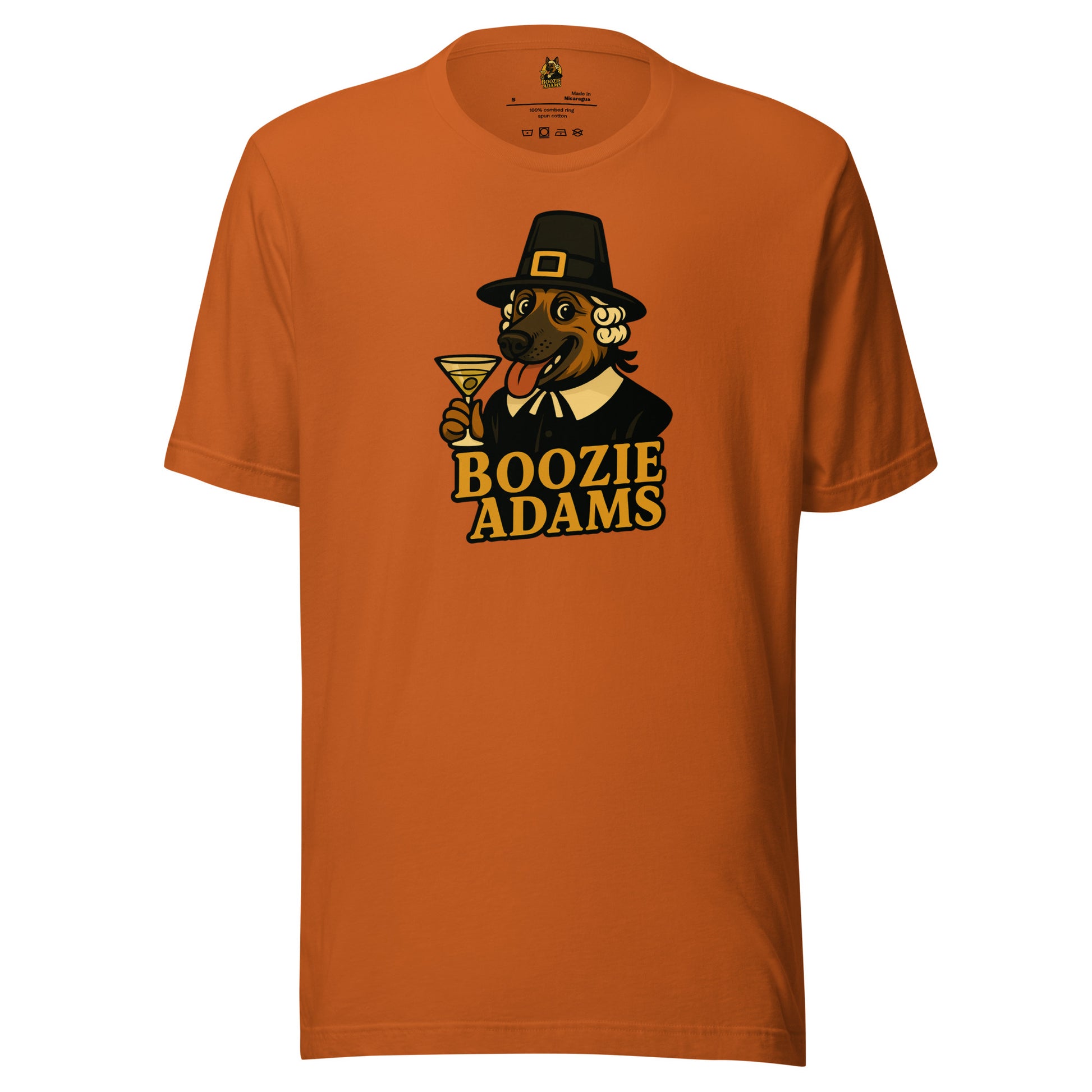 Orange unisex t-shirt with a graphic of a dog in a pilgrim outfit holding a martini glass and the text 'Boozie Adams' – Boozie Adams