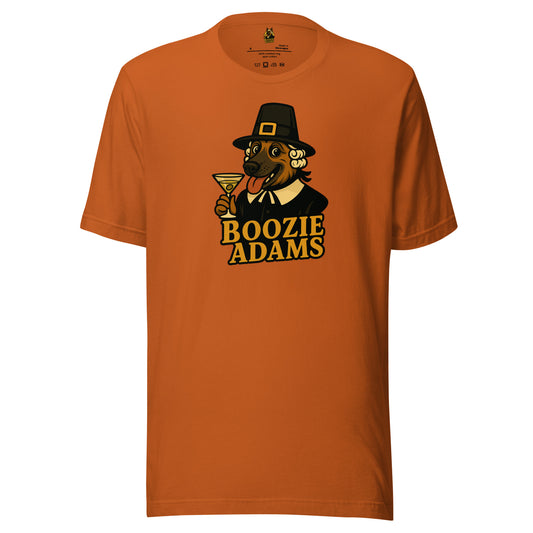 Orange unisex t-shirt with a graphic of a dog in a pilgrim outfit holding a martini glass and the text 'Boozie Adams' – Boozie Adams