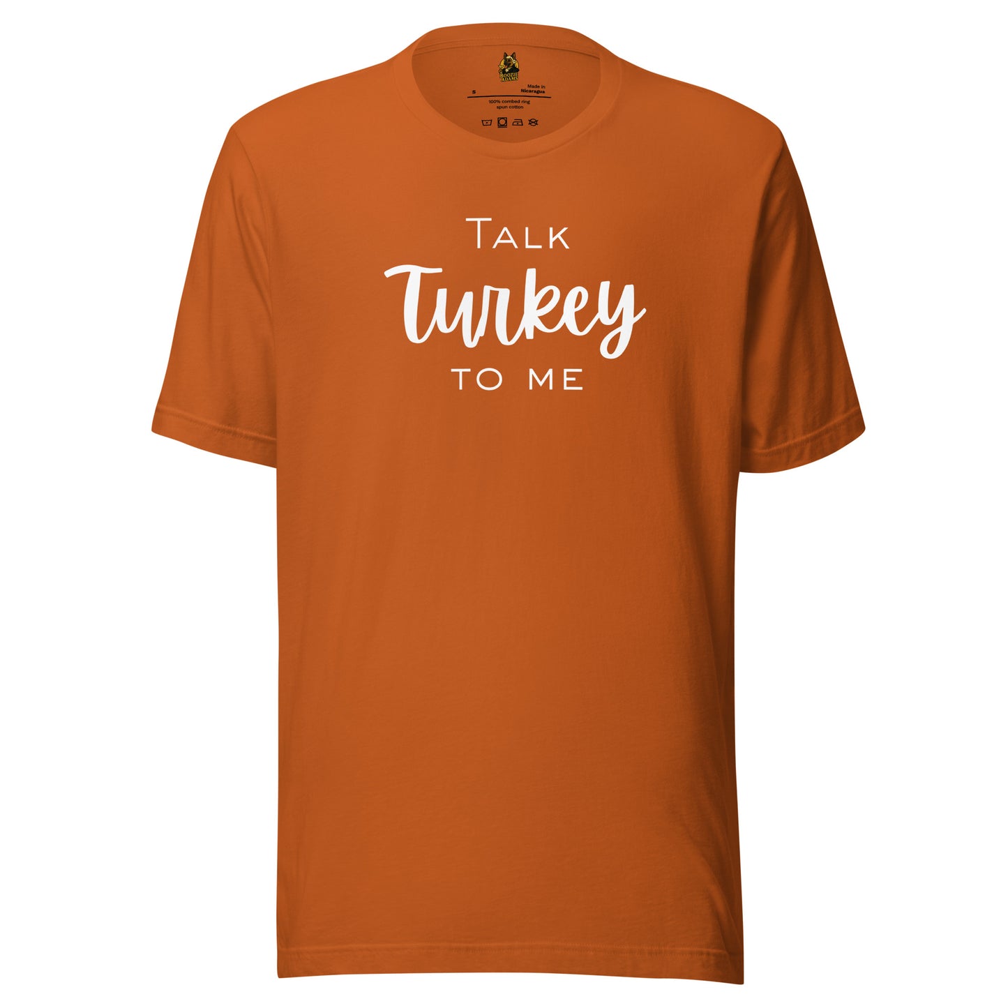 Orange unisex t-shirt with 'Talk Turkey To Me' white text – Boozie Adams