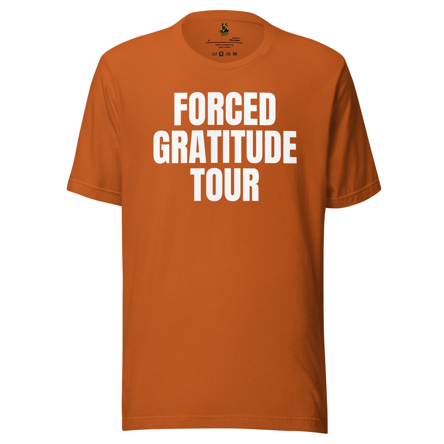 Orange unisex t-shirt with 'FORCED GRATITUDE TOUR' white text – Boozie Adams