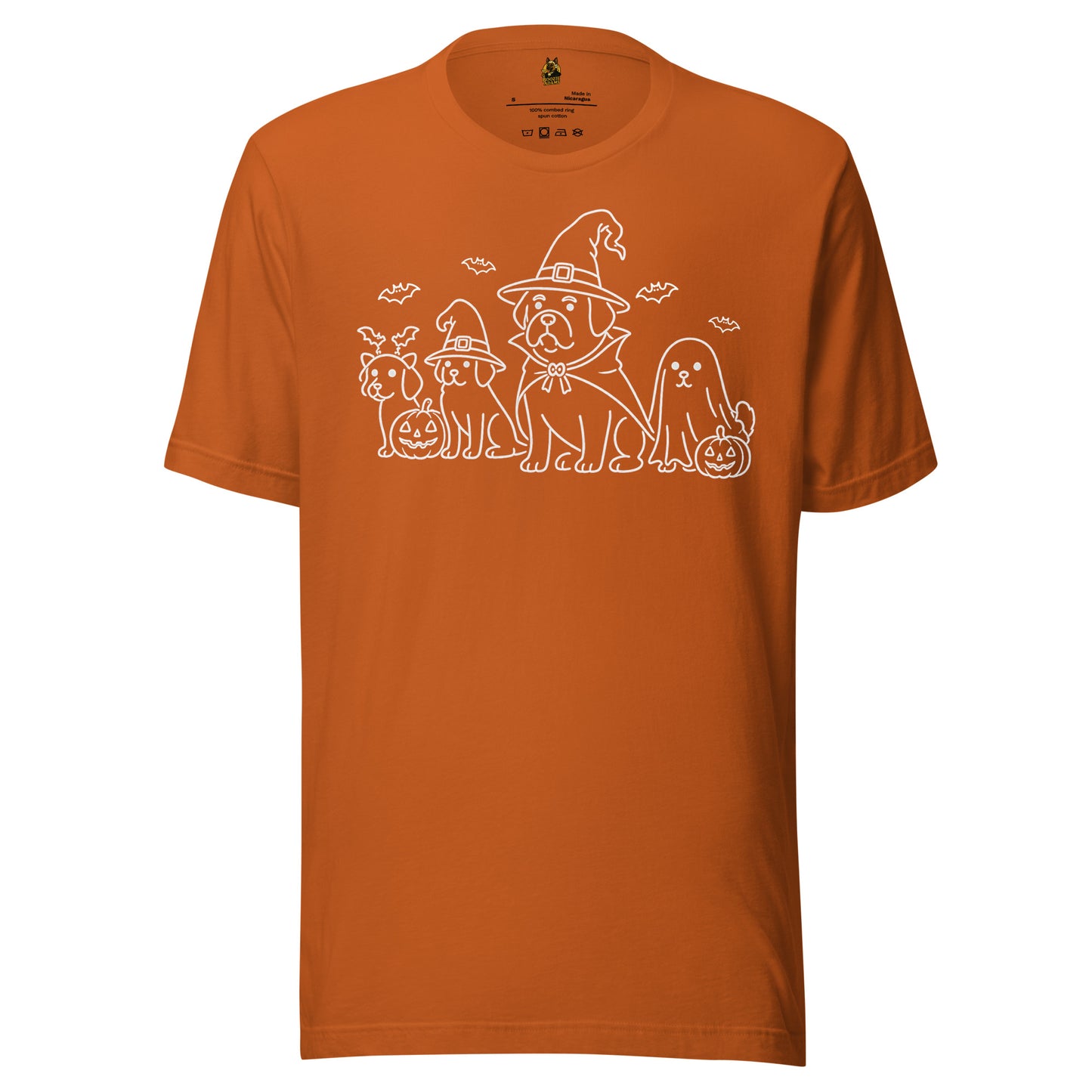Orange unisex t-shirt with graphic of dogs dressed for halloween – Boozie Adams