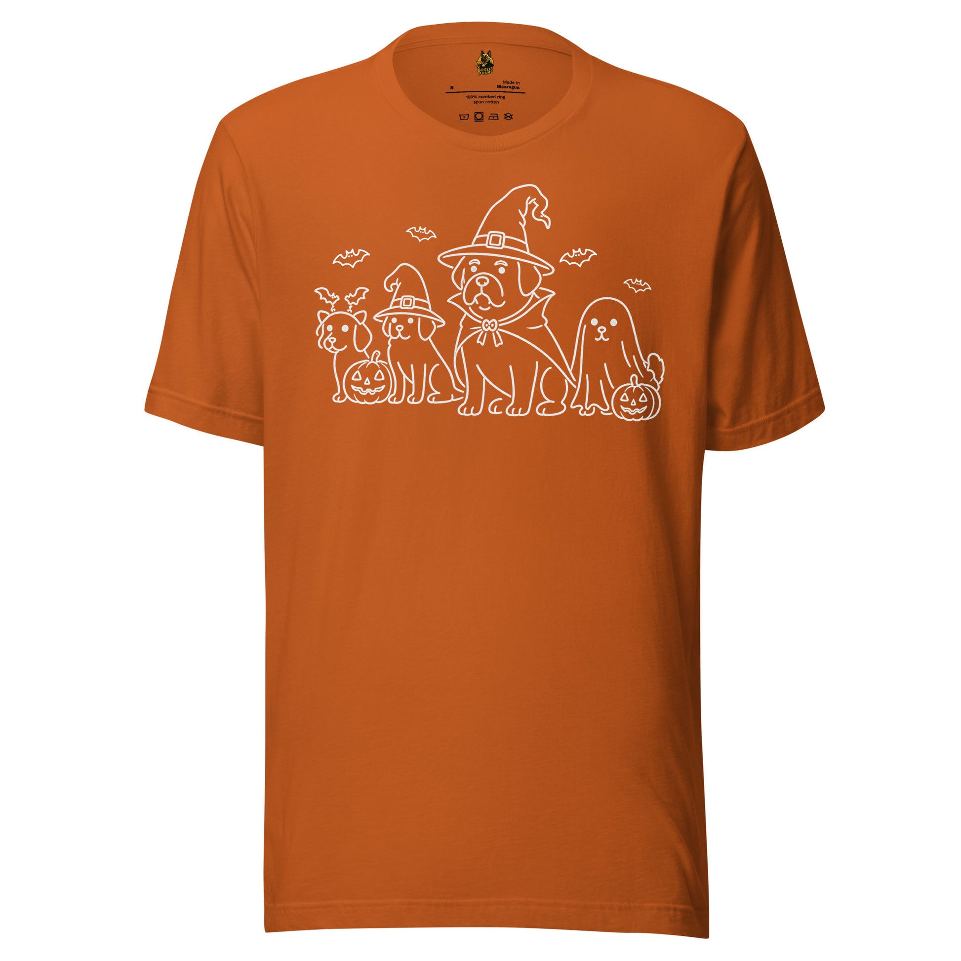 Orange unisex t-shirt with graphic of dogs dressed for halloween – Boozie Adams