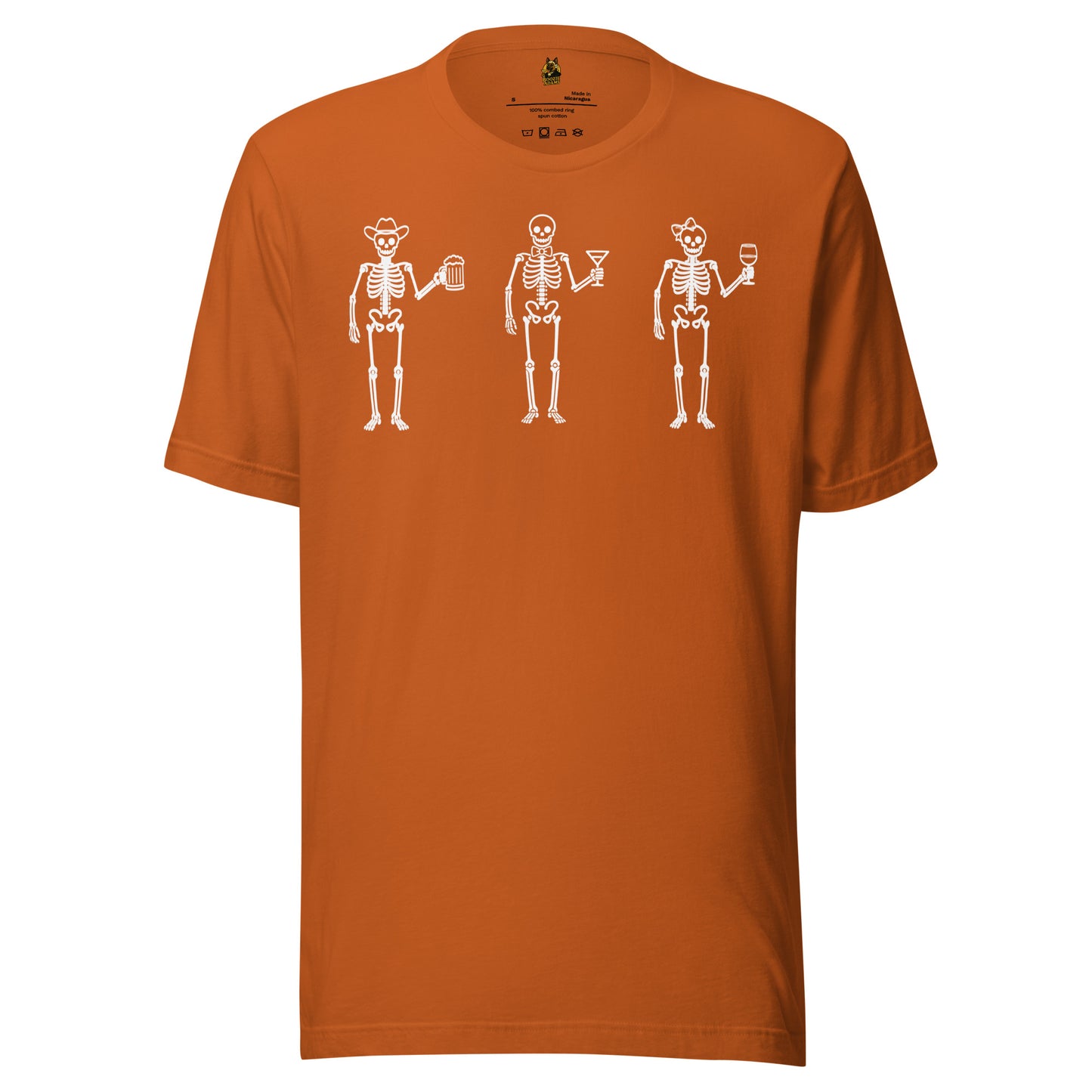 Burnt orange unisex t-shirt with graphic of three skeletons each holding a wine, beer, and martini glass – Boozie Adams